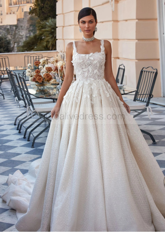 Square Neck Ivory 3D Lace Glitter Tulle Awesome Wedding Dress